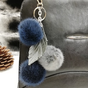 Mink Fur Pompom Bag Charm: Blue-Grey with Leather Leaf