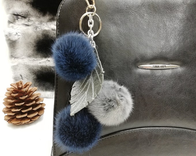 3 mink fur bag charm pompom blue-grey color with leather leaf, Gift for her , mink fur keychain leather bags accessory  , mink fur keyring