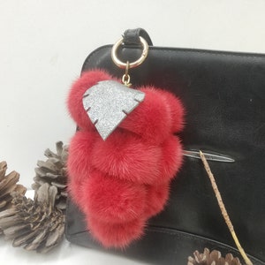 12 real Mink fur bag charm pompoms with leather leaf in bunch of grapes optik, red fur pom poms, bag charm keyring, fur bag accessory Silver nappa leather