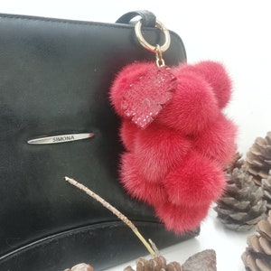 12 real Mink fur bag charm pompoms with leather leaf in bunch of grapes optik, red fur pom poms, bag charm keyring, fur bag accessory image 4