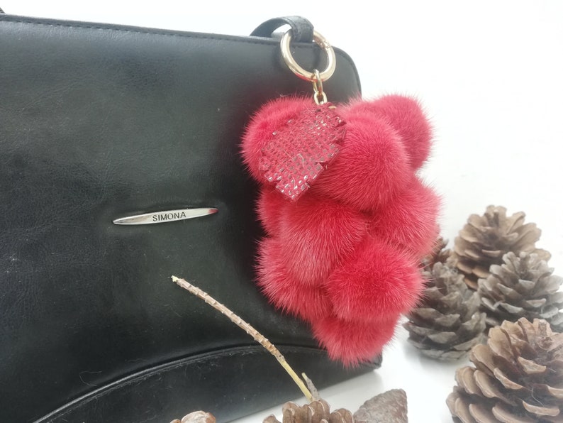 12 real Mink fur bag charm pompoms with leather leaf in bunch of grapes optik, red fur pom poms, bag charm keyring, fur bag accessory image 4