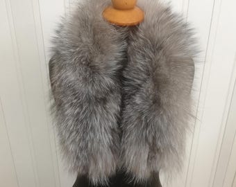 Handmade frost fox fur collar natural gray color, Elegant Winter Neck Warmer
