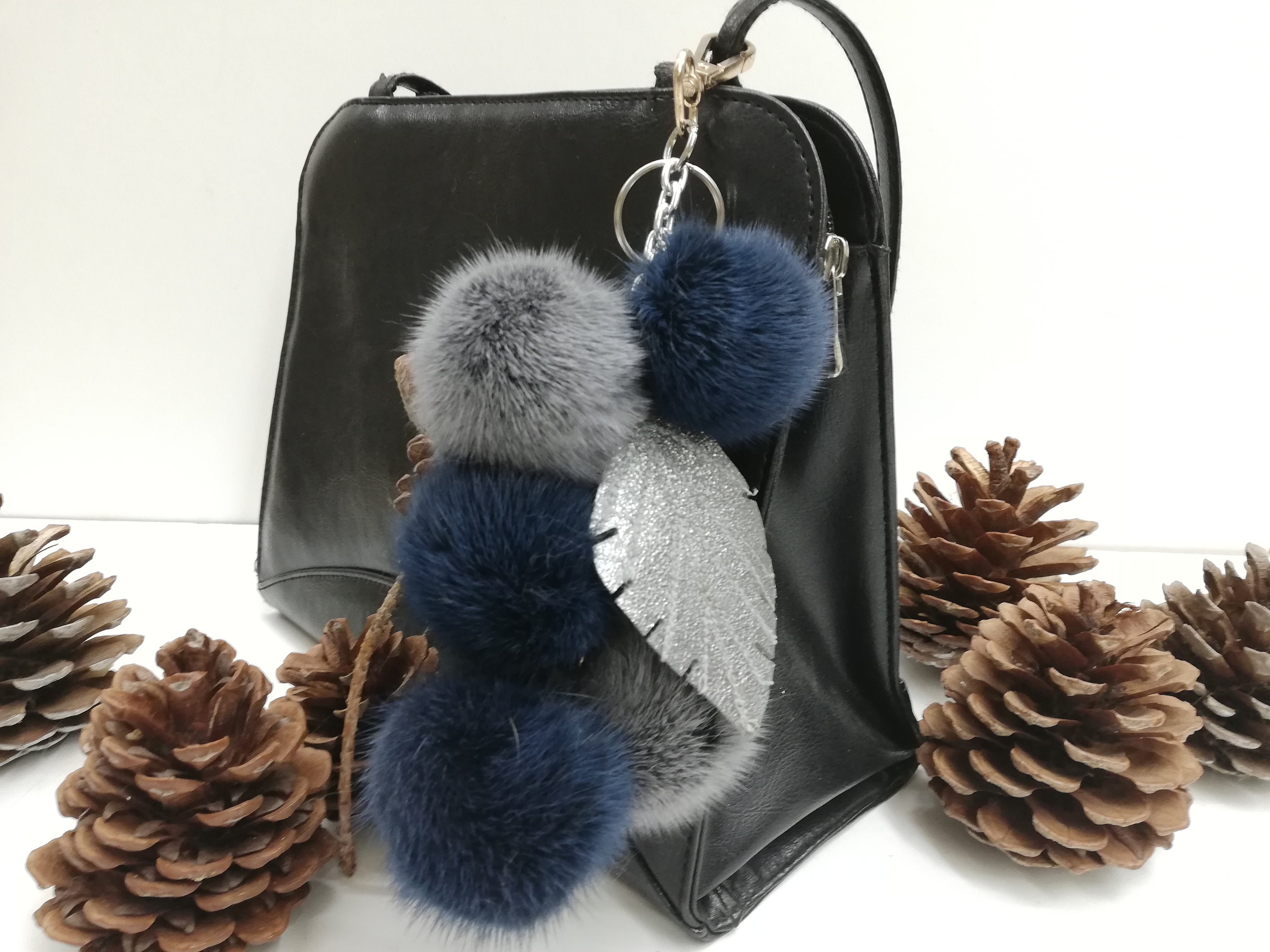 10 real Mink fur bag charm pompoms with leather leaf in bunch of grapes  optik, multicolor fur pom poms, bag charm keyring, fur bag accessory