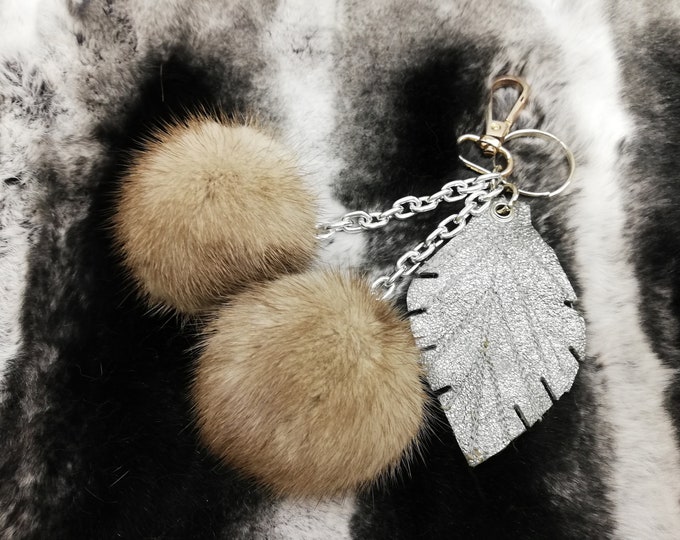 2 mink fur bag charm keychain pompoms dark grey color with leather leaf ,bag charm keyring, leather and fur bags accessory, Gift for her