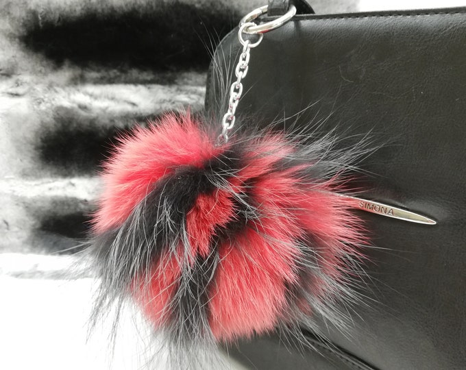 Fox & finnraccoon fur bag charm keychain pompom red-anthracite color , fur ball , pompom keyring , real fur bag accessory, Gift for her