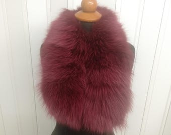 Handmade Shadow  Fox Fur Collar burgundy color, Elegant Winter Neck Warmer