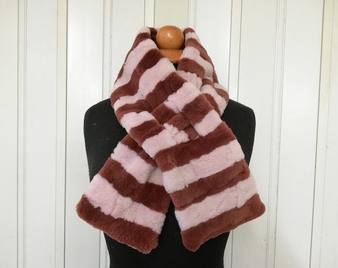 Set of a velvet nutria fur scarf  and a velvet nutria beanie pink-brown color ,real fur beanie, real fur scarf  90-150cm long and 12cm width