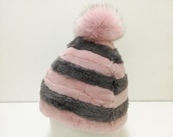 Set of a velvet nutria fur scarf and a velvet nutria beanie pink - grey color ,real fur beanie, real fur scarf  90-150cm long and 12cm width