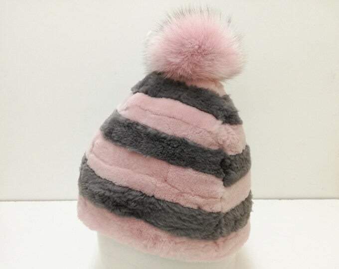 Set of a velvet nutria fur scarf and a velvet nutria beanie pink - grey color ,real fur beanie, real fur scarf  90-150cm long and 12cm width