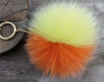 Real fox fur bag charm pompom yellow/orange color keychain,fur ball,real fur pom pom ,real fox pom,pom pom keychain,real fur bag accessory