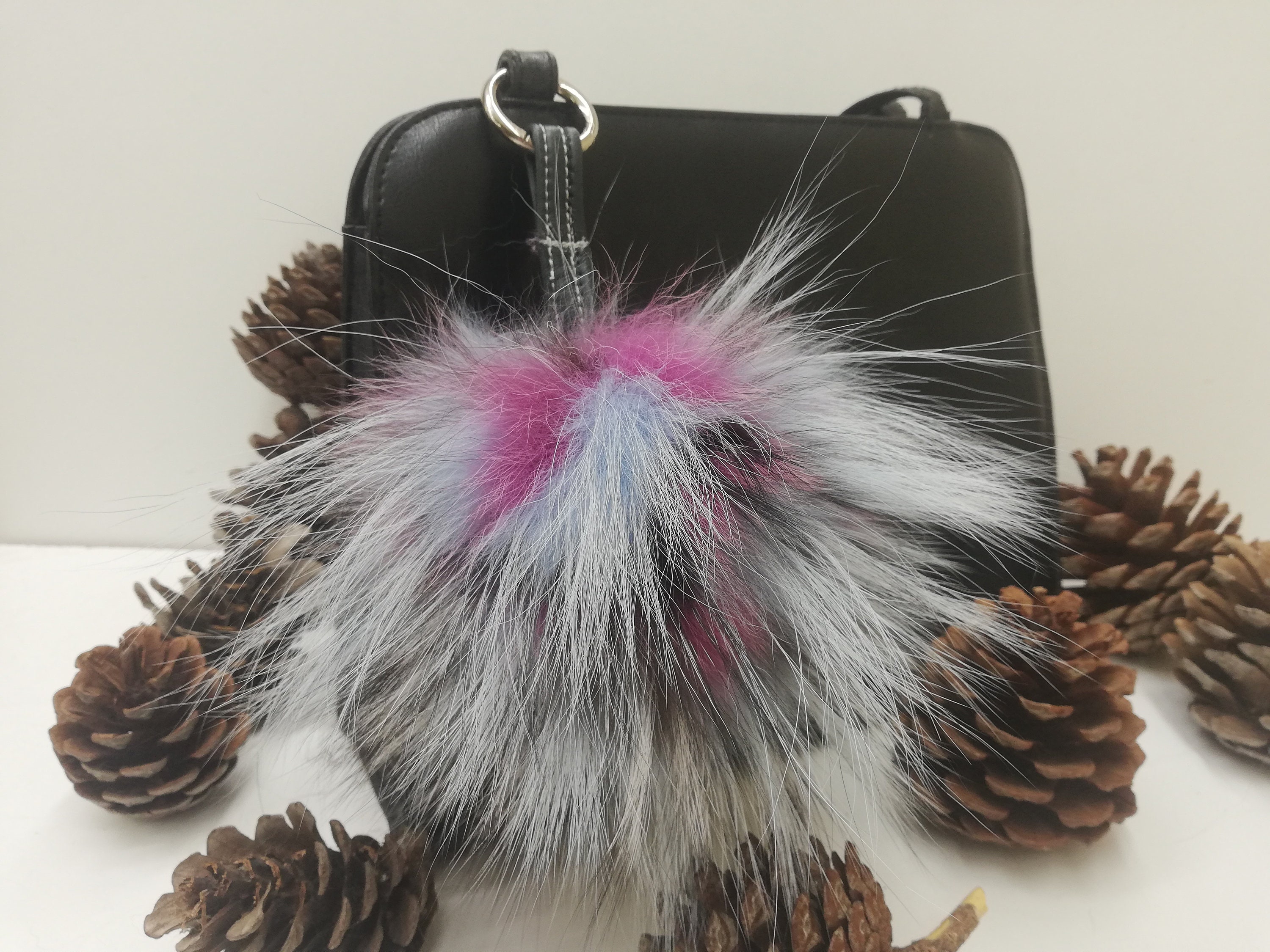 Silver fox fur bag charm grey-blue color, fur ball , real fox pom, bag  charm pom pom,pom pom keychain, real fur bag accessory, gift for her