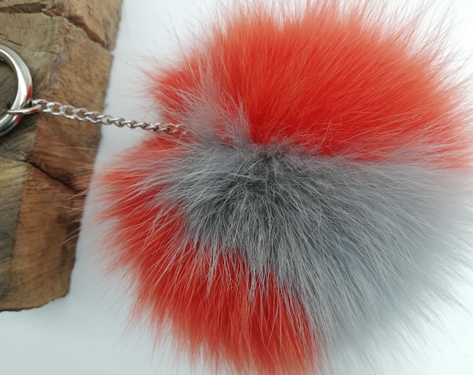 XXL fox fur bag charm keychain two-tone grey and orange dyed color,fur ball,real fur pom pom ,pompom keychain,real fur bag accessory