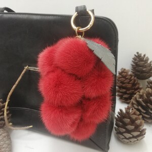 12 real Mink fur bag charm pompoms with leather leaf in bunch of grapes optik, red fur pom poms, bag charm keyring, fur bag accessory image 9
