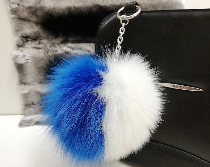 Fox fur bag charm pompom blue white ,fur ball keychain , fur pom pom keyring ,leather bags accessory, Gift for women and girls