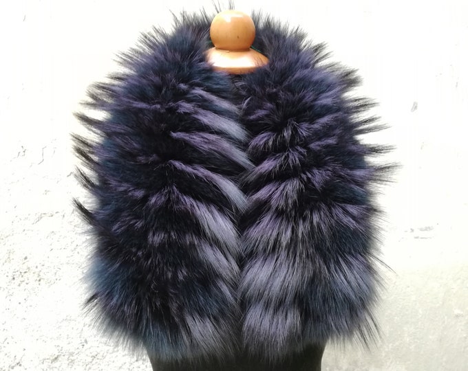 Real fox fur collar ,Real fur shawl dark blue and dark lilac color , Winter fur collar,  fox fur neckwarmer , Gift for women's and girls
