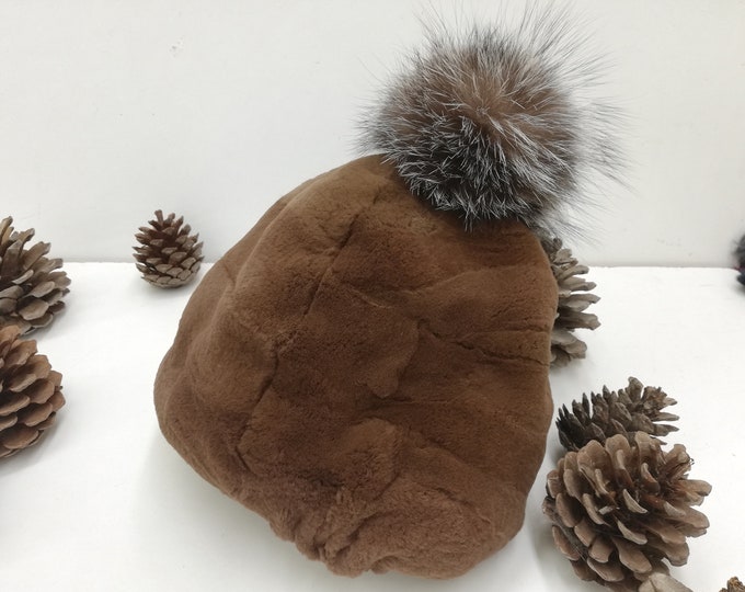 Real rex rabbit fur sheared, fur pieced beanie ,real fur hat ,real fur beanie brown color with fox fur pompom, gift for women's & girls