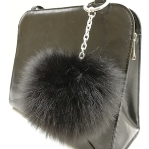 Black Fox Fur Pom Pom Bag Charm: Handmade Fluffy Keychain