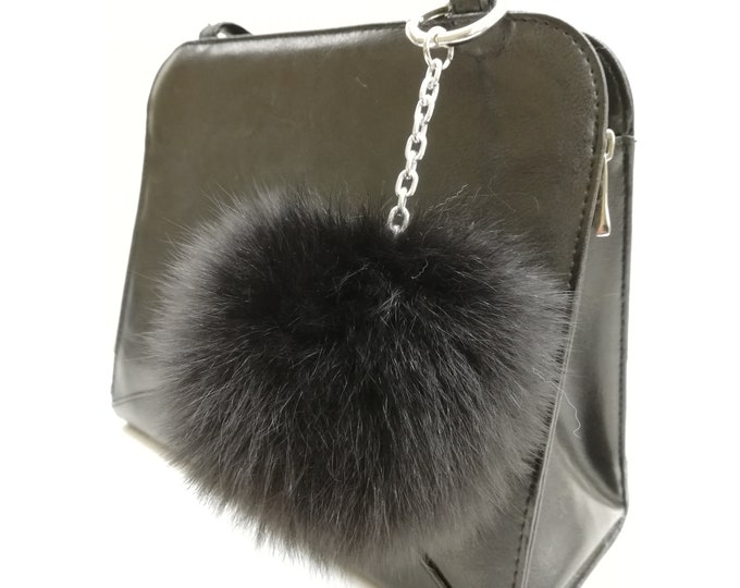 Real fox fur black color bag charm pom pom ,fur ball, real fox fur pompom keychain, fur bag accessory