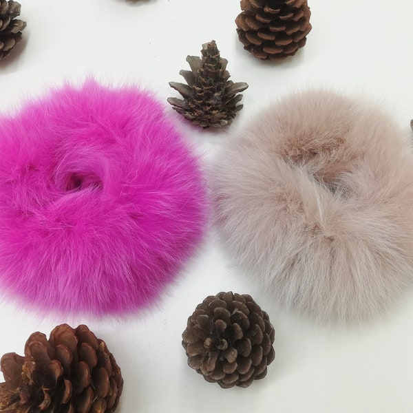 Set of 2 real fox fur scrunchies , fur accessories ,pony tail holder , real fur hair elastics , fur Pompom hairband , fox fur wristband