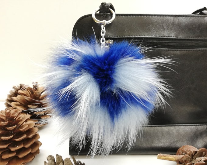 Fox fur bag charm pompom blue color, Fox fur keychain ,gift for her, fur ball, real fur bag accessory, Gift for women's and girls