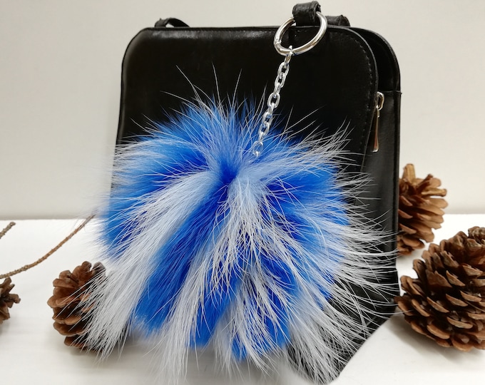 XL Real fox fur bag charm pompom blue color keychain,fur ball,real fur pom pom ,real fur bag accessory, Gift for women and girls