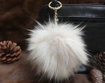 Fox and finnraccoon fur bag charm pompom beige color ,fur ball keychain , fur pom pom keyring ,leather bags accessory, Gift for her
