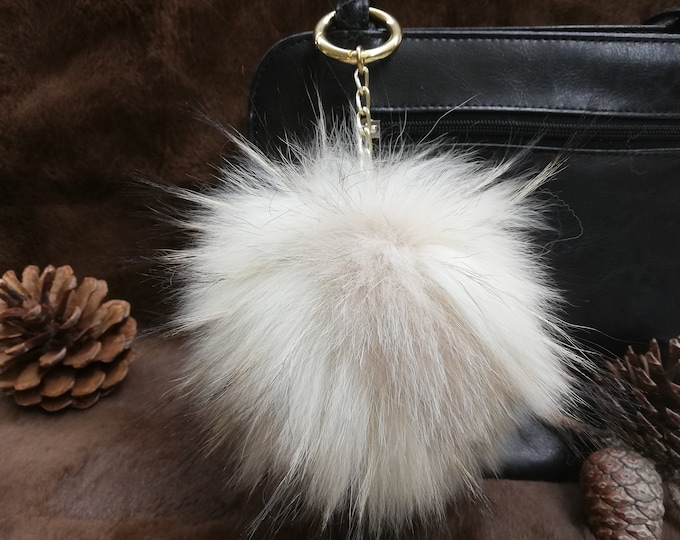 Fox and finnraccoon fur bag charm pompom beige color ,fur ball keychain , fur pom pom keyring ,leather bags accessory, Gift for her