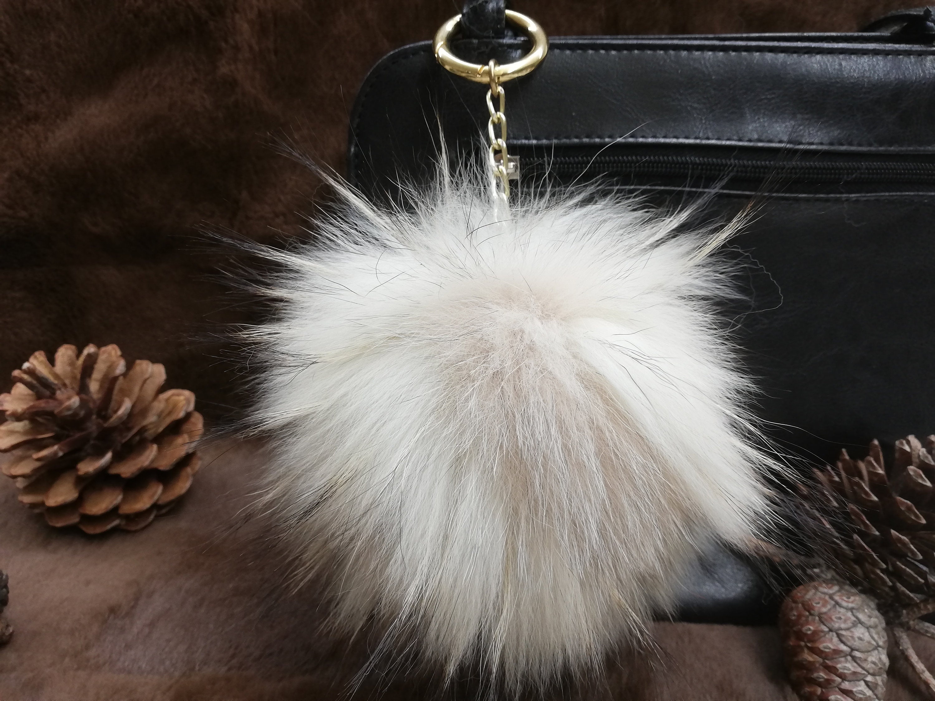 Fox and finnraccoon fur bag charm pompom black-grey color,pom pom keychain , fur ball, real fur bag accessory, Gift for women's and girls