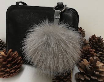 Real fox fur bag charm pom pom silver grey color ,fox fur ball ,pom pom keyring ,real fur bag accessory, Gift for women's and girls l