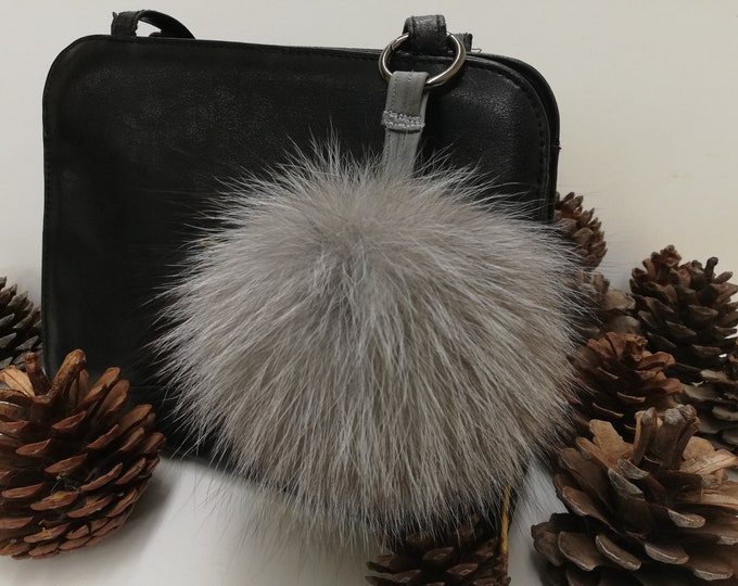 Real fox fur bag charm pom pom silver grey color ,fox fur ball ,pom pom keyring ,real fur bag accessory, Gift for women's and girls l