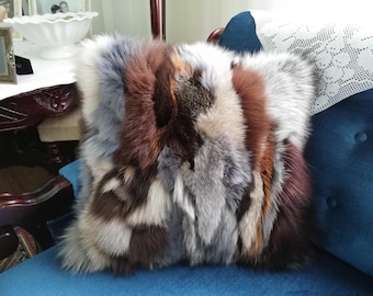 Handmade Multicolor Fox Fur Pillow Cover: Genuine Fur Cushion (15.74 inch)