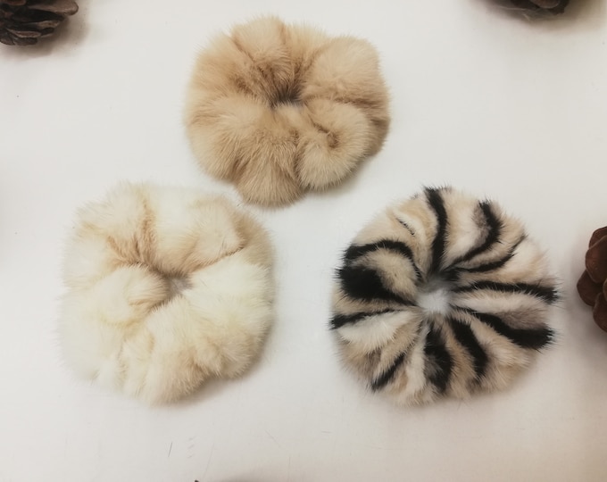 Set of 3 mink fur scrunchies , natural fur accessories , pony tail holder , real fur hair elastics, fur Pom pom hairband ,Mink fur wristband