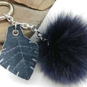 Blue Fox Fur Pom Pom Bag Charm: Handmade Leather Leaf Keychain