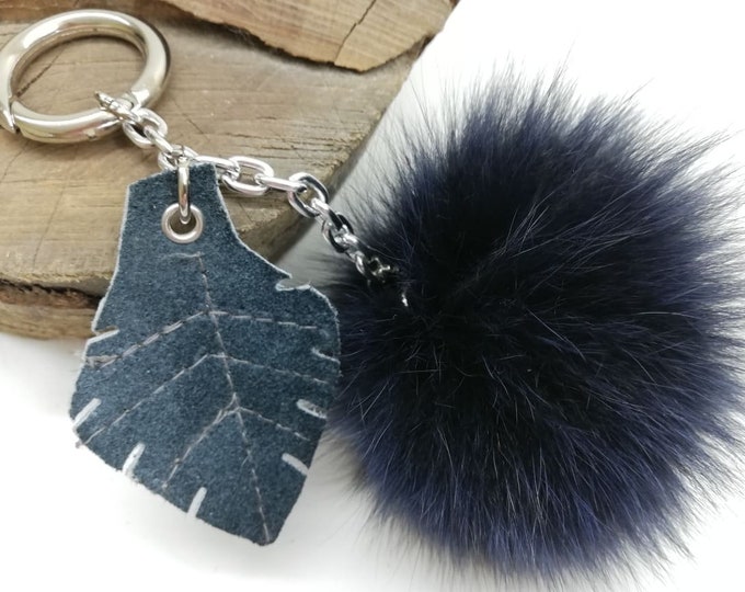 Fox fur dyed blue color bag charm pom pom with  leather leaf, pom pom keychain,real fur bag accessory