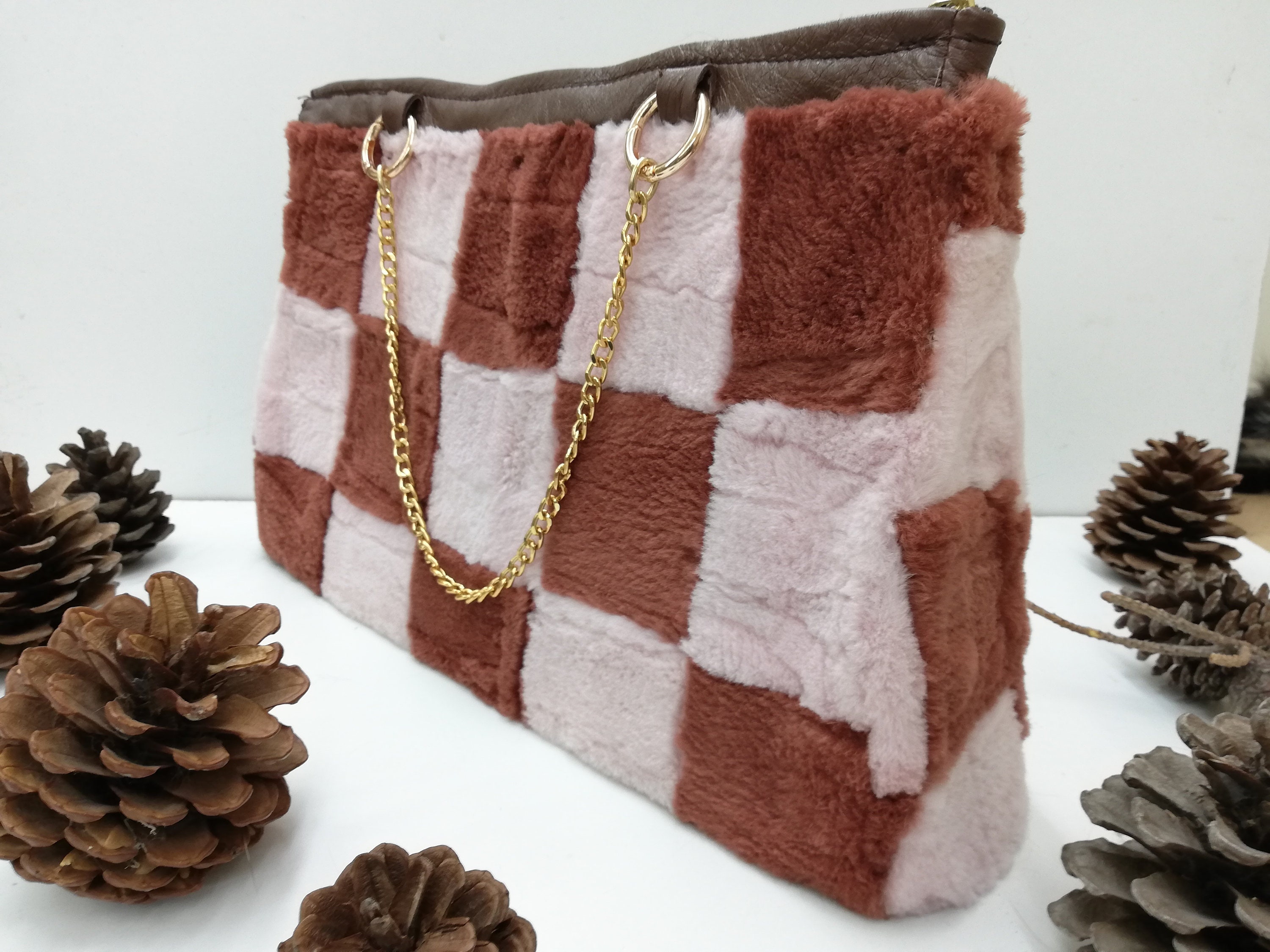 Real flat sheared nutria pieced fur bag pink-brown color ,Shoulder Bag,  Crossbody Bag, velvet nutria fur envelope bag ,gift for women's