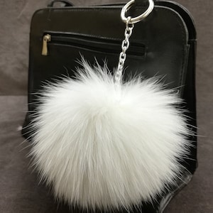 White Shadow Fox Fur Pom Pom Bag Charm: Handmade Keychain