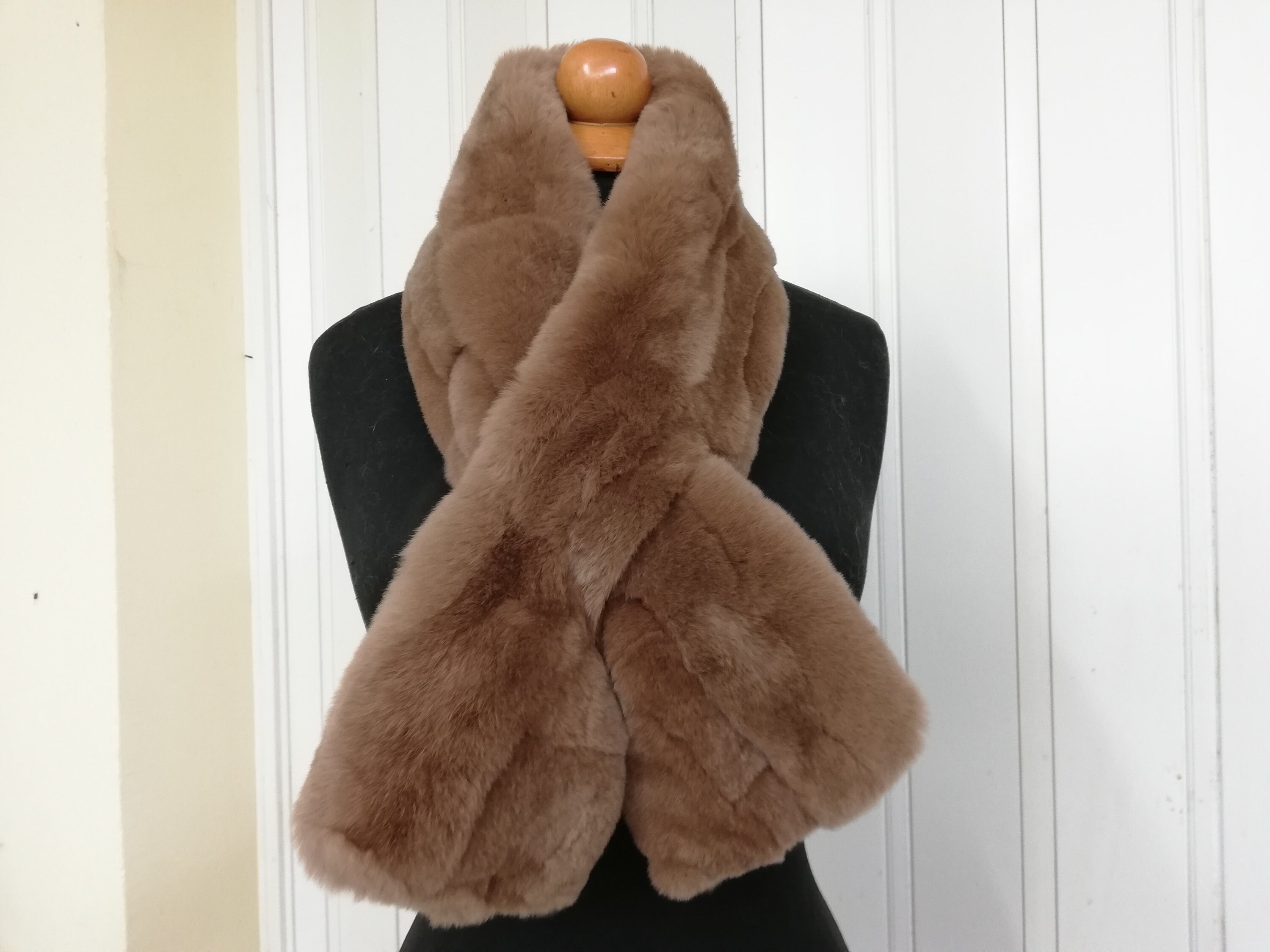 Real rex rabbit fur patchwork scarf brown - beige color, rabbit fur Neck  Warmer, rabbit fur wrap scarf 120 cm , gift for her, fur wrap shawl