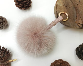 Real fox fur bag charm pompom pink color ,fox fur ball rose gold, pom pom keyring , real fur bag accessory, Gift for women's and girls