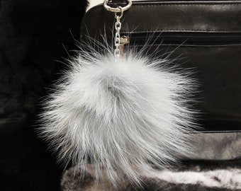 Fox and finnraccoon fur bag charm pompom mind & blue green color ,fur ball keychain. fur pom pom keyring ,fur bags accessory, Gift for her