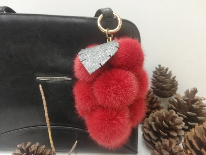 12 real Mink fur bag charm pompoms with leather leaf in bunch of grapes optik, red fur pom poms, bag charm keyring, fur bag accessory image 7