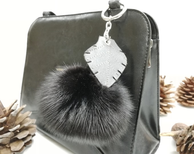 Real mink fur bag charm pompom dark brown color, pompom keychain with leather leaf ,real fur bag accessory, Gift for her