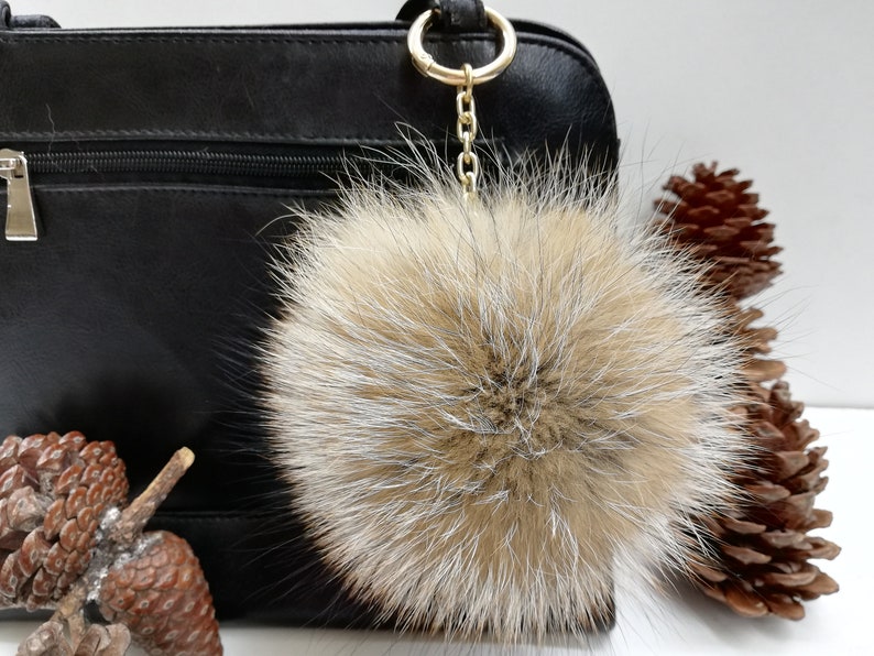Real fox fur bag charm pom,fur pompom,real fox pom pom pom keychain,real fur bag accessory bright pink and gray color bag charm pom