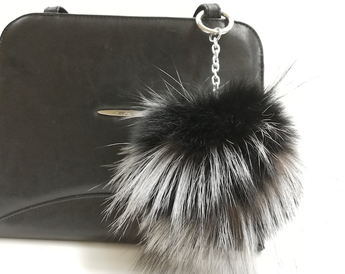 Fox fur bag charm keychain pompom black-silver color  , fur ball , real fur pom pom , pompom keyring , real fur bag accessory, Gift for her