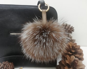 Real fox fur bag charm pom christal brown color ,fox fur ball , real fur pom pom keyring ,real fur bag accessory, Gift for women's and girls