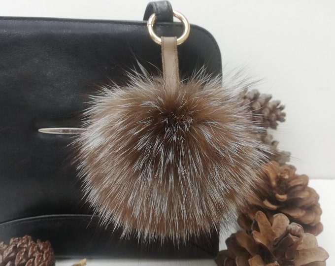 Real fox fur bag charm pom christal brown color ,fox fur ball , real fur pom pom keyring ,real fur bag accessory, Gift for women's and girls