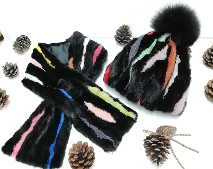 Set of a mink fur scarf and a mink fur beanie multicolor ,real fur beanie, real fur scarf, fur accessories, fur hat, Gift for women & girls