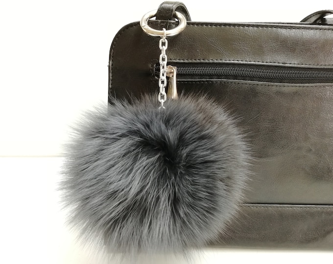 Fox fur bag charm dyed two tone grey colors,real fur pom pom,real fox pom, bag charm pom pom,pom pom keychain, real fur bag accessory