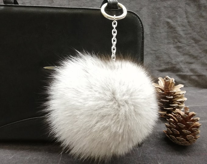 Fox fur pompom keyring, bright grey fur ball, bag charm fur pompom ,real fox pom ,fox pom pom keychain,real fur bag accessory, Gift for her