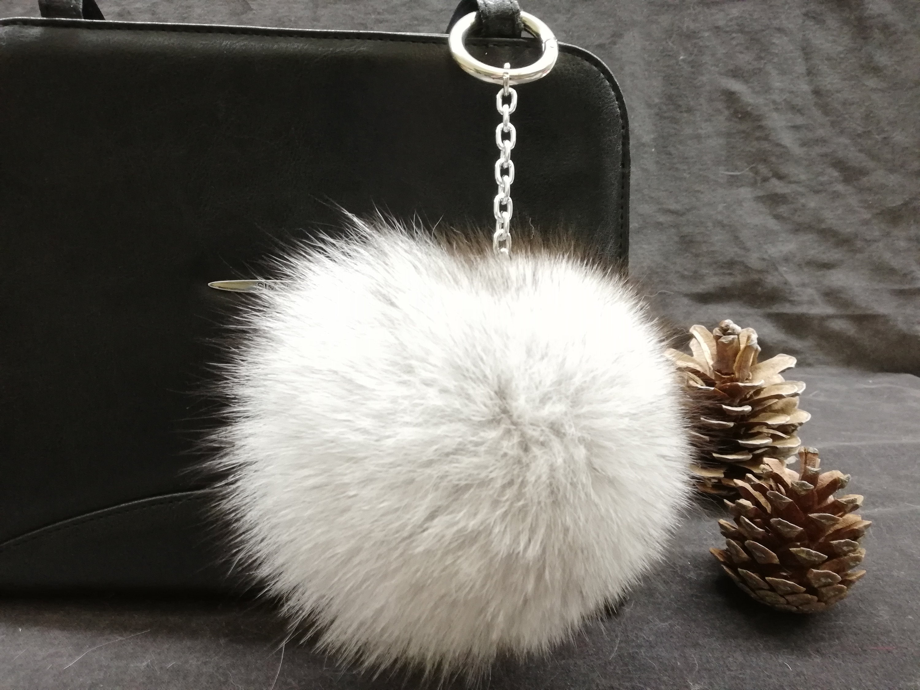 Fox and finnraccoon fur bag charm pompom black-grey color,pom pom keychain , fur ball, real fur bag accessory, Gift for women's and girls