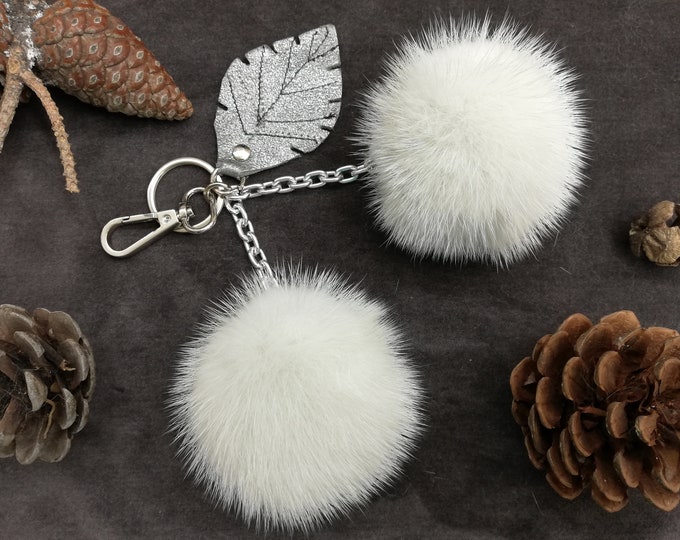 2 Real mink fur bag charm/keychain pompoms light sky - blue color with leather leaf ,bag charm ,real fur bag accessory, Gift for women